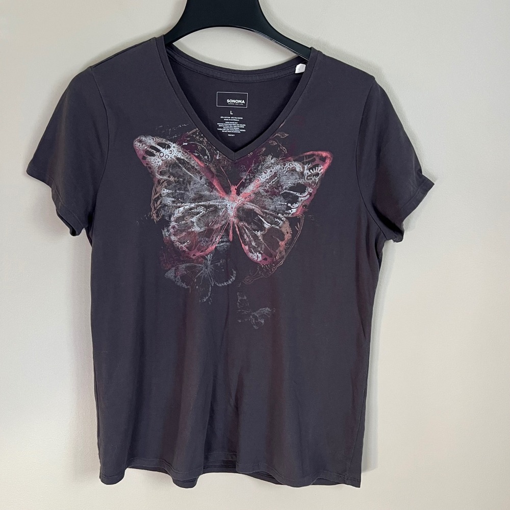 Sonoma Goods for Life Womens Butterfly Graphic Tee V-Neck Gray Short Sleeve L